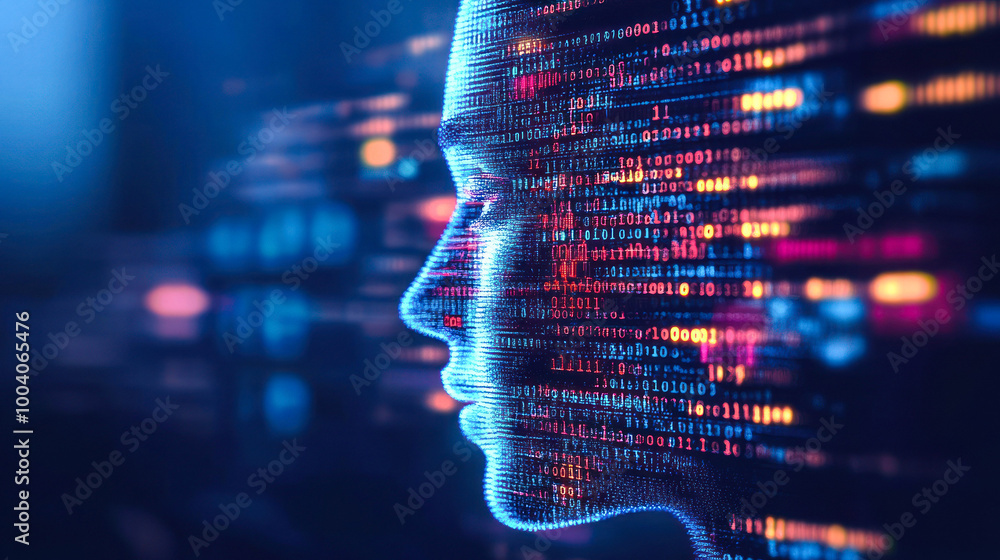 Poster neon tech visage merged with digital elements interface.