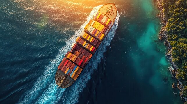 aerial drone view of a cargo ship navigating the open sea showcasing the logistics of import and export with clear blue waters and a sense of global connection