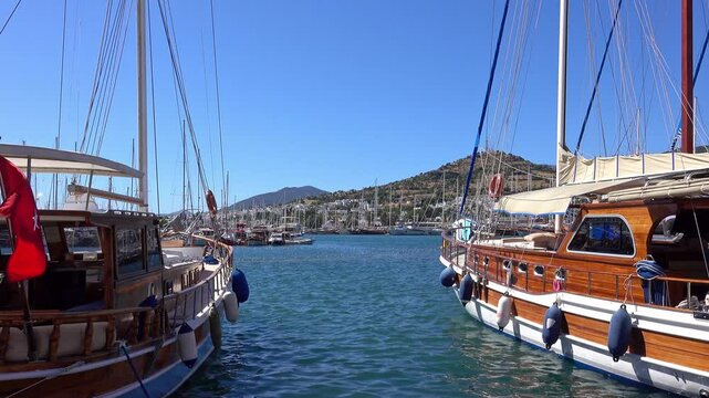Two Traditional Turkish Gulets moored at Bodrum Marina on the Aegean sea