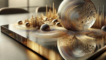 Golden Waves and Spheres: Abstract Digital Art in Luxurious Design