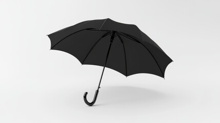 A black umbrella with a black handle is shown against a white backdrop. This is a 3D image.
