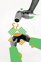 Vertical creative art collage of hands hold cold coffee cup heat hairdryer tool hairdresser equipment hot isolated on painting background