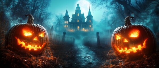 Fototapeta premium horror Halloween night background banner with pumpkin and fullmoon