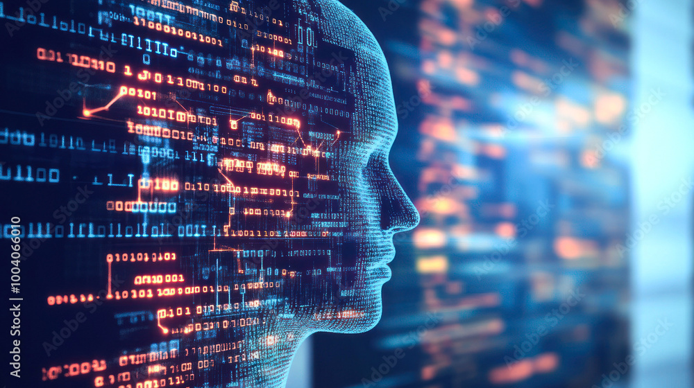Poster cybernetic silhouette with complex data interactions