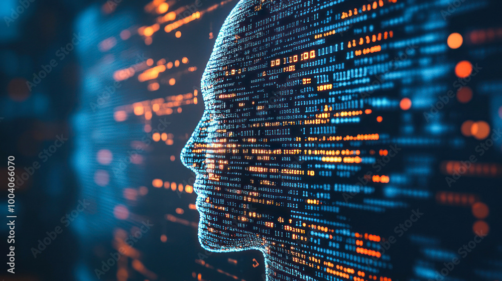 Poster illuminated digital face in abstract code art style