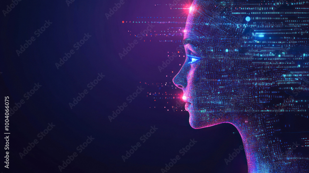 Poster futuristic profile with digital streams and sparkle