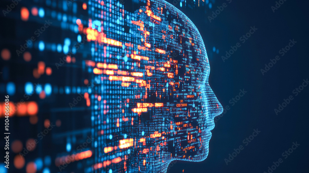 Poster futuristic digital face with vibrant data patterns