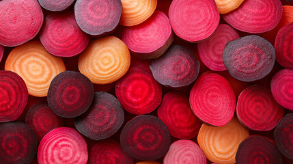 Close-up of vibrant red and orange beetroot slices arranged in a pattern.
