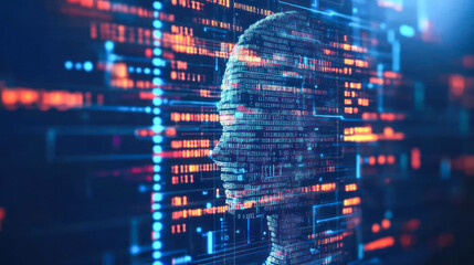 Fototapeta premium Futuristic head profile in digital matrix of neon light