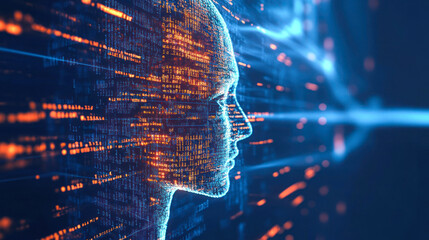 Tech face sculpture in flowing binary and cyber pattern