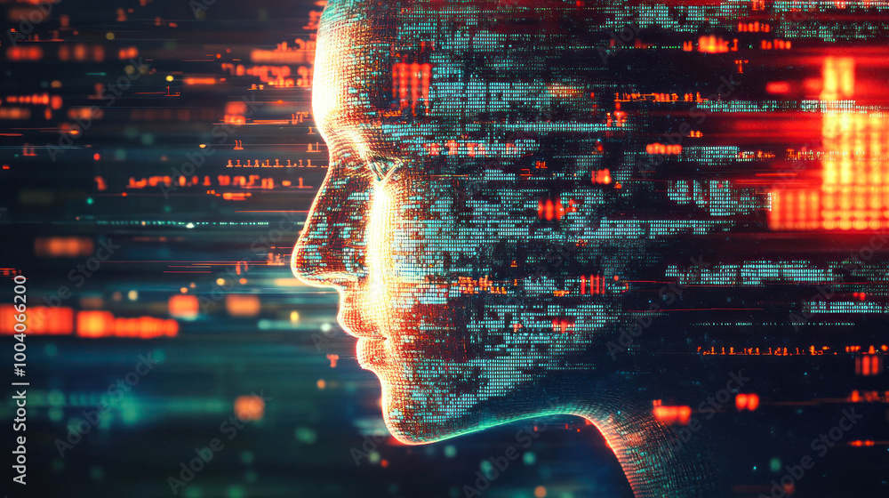 Poster human profile interfaced with digital data streams
