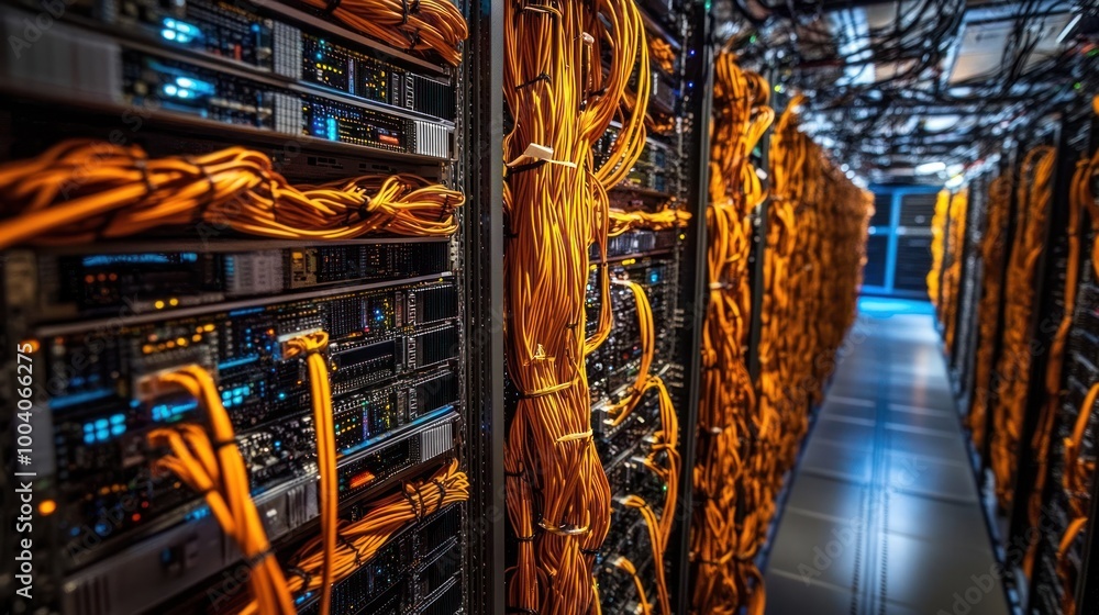 Poster a server room filled with network cables and servers, showcasing data storage technology.
