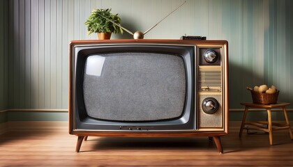 Vintage Television with No Signal Stands Alone in a Retro Decorated House, Surrounded by Colorful Mid-Century Furniture and Nostalgic Accessories, Evoking a Sense of Warmth and Memories of the Past