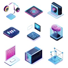 Digital isometric icons showcasing innovative lighting background themes image