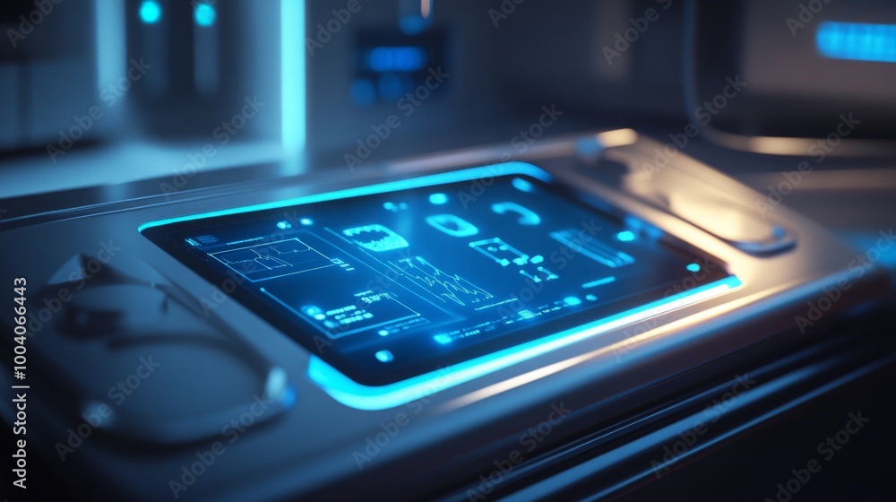 Poster in a modern laboratory, a high-tech control panel features a glowing blue interface filled with digi