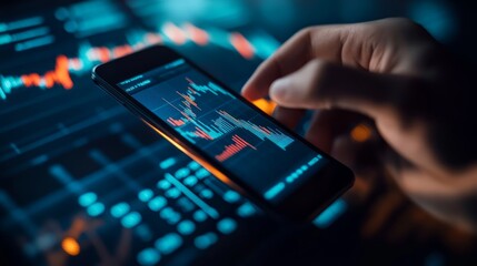 Businessman using a mobile phone with a financial chart and candlestick graph, a stock market trading concept on a black background.