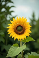 A large yellow sunflower with green leaves against a blurred green background