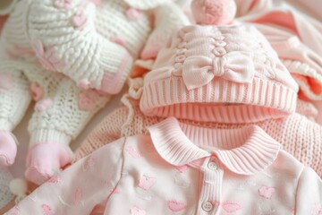 Knitted pink baby clothes set with hats and booties for a baby girl, lying on a white blanket