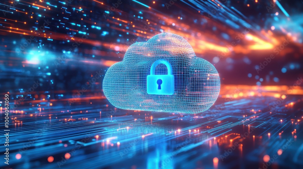 Poster a digital cloud with a lock symbol, representing data security and cloud computing.