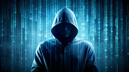 a shadowy figure representing an anonymous hacker on the blue code background