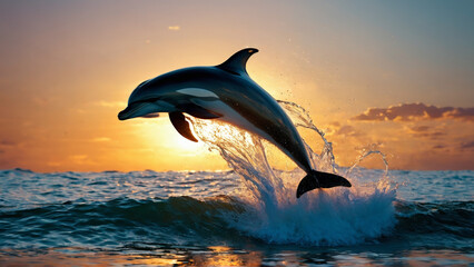 Fototapeta premium Dynamic water splash in shape of leaping dolphin at sunset playful marine life joyful freedom