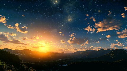 Obraz premium Mountain Sunset with Starry Sky and Clouds