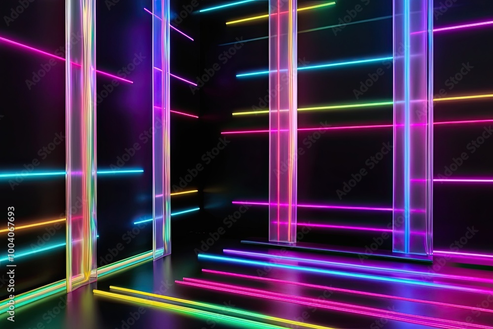 Poster 3d render of an abstract neon background with multicolored iridescent ribbon and colorful glowing li