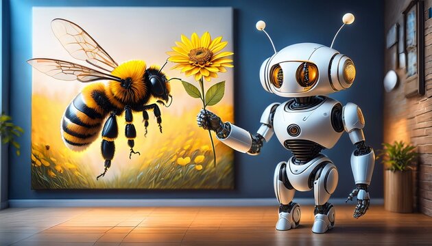 The kind robot that offers flowers to the bee painting on the wall so that it can make honey