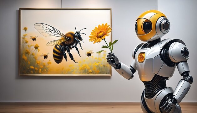 The kind robot that offers flowers to the bee painting on the wall so that it can make honey