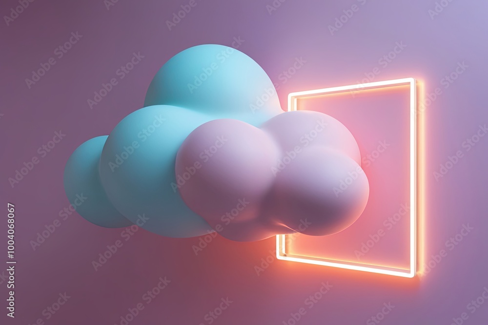 Poster 3d rendering of abstract minimalist pastel cloud with neon glow and geometric square frame