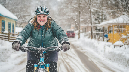 Smiling curvy girl wearing a helmet and riding her mountain bike on a freshly snowed village road during snow storm - Models by AI generative - Soft focus on face