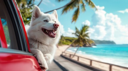 Joyful canine peers out from red vehicle by beachside