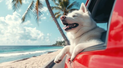 Happy dog enjoys car ride by the ocean shore.