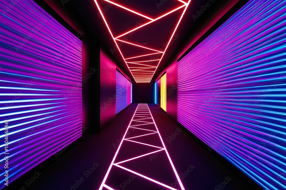 Poster vibrant three-dimensional neon texture and illuminating pathways on dark surface