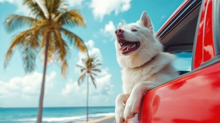 Joyful dog in red car enjoying tropical beach ride