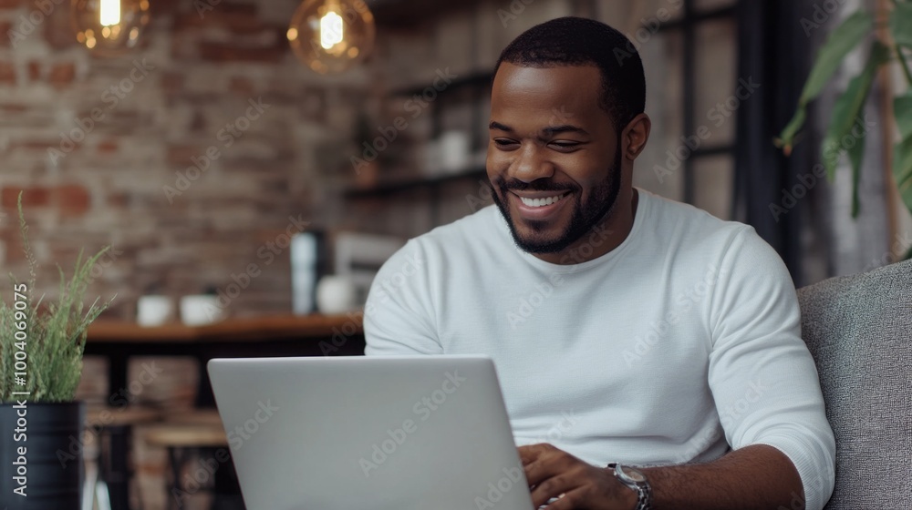 Poster a man is sitting on a couch and smiling while using a laptop