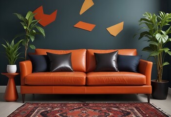 A modern living room with a large red velvet sofa , and a patterned rug on the floor