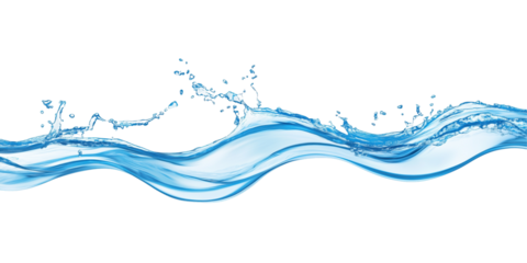 A splash of water on the surface. A wave of liquid water, a clear blue stream, a swirl or spill, pouring water. Swirl of cold carbonated drink. Isolated and cut out on a transparent background. PNG