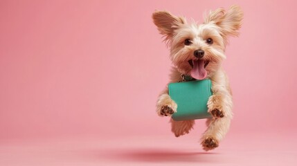 Fluffy dog joyfully carrying a small green purse.