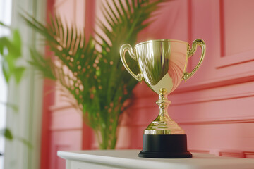Fototapeta premium Gold trophy award success achievement victory championship luxury stylish modern vibrant pink green contrast elegant interior decor motivation trendy banner copy space background campaign lux chic
