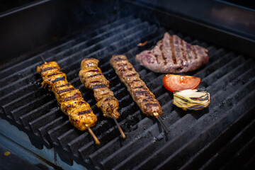 Grilled Kebab From Fresh Meat Pork Cooking On Metal Skewer Outdoors grill steak