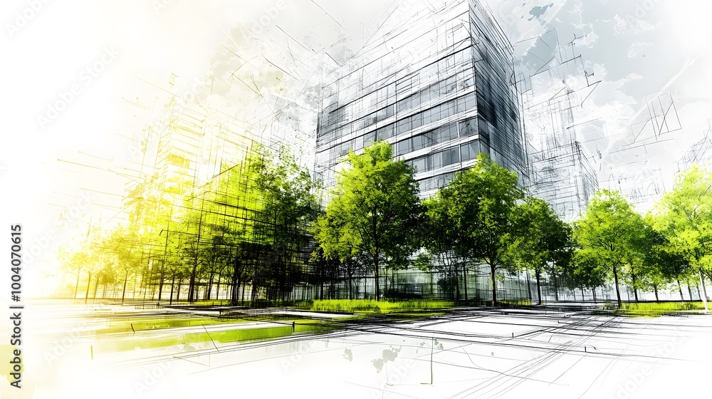 Poster modern cityscape design with trees and architecture sketch