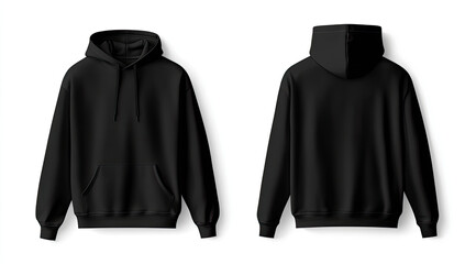 A plain black hoodie mockup with no design, front and back view on a white background. Created with AI