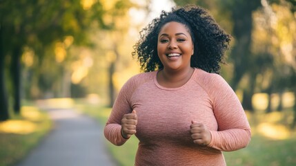 Smiling woman jogging in park with fall foliage.
