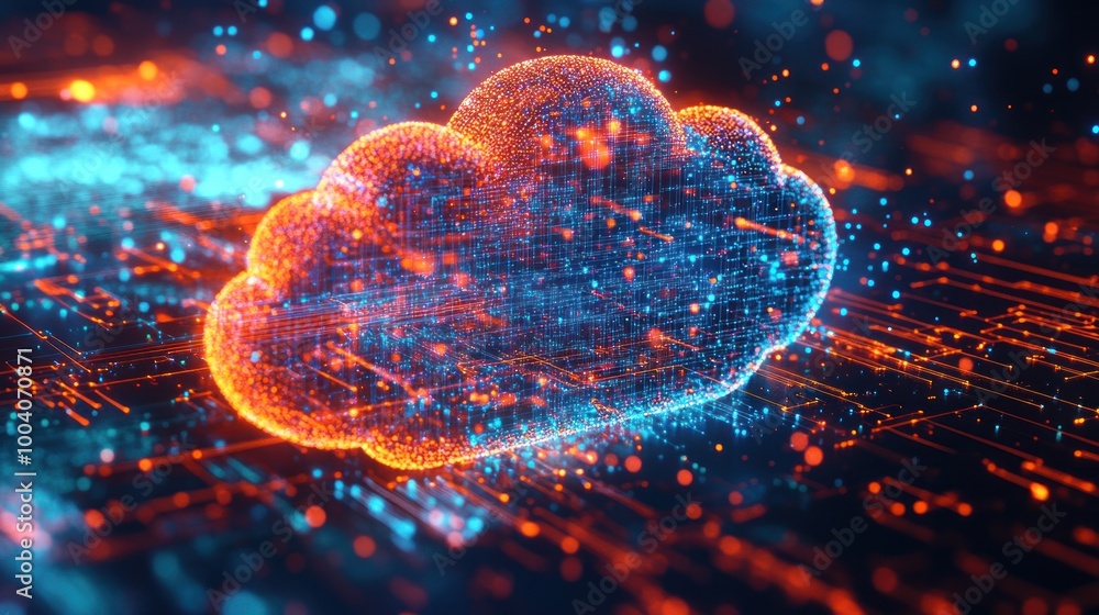 Poster a digital cloud symbol surrounded by vibrant data streams, representing cloud computing.
