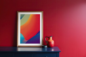 Vibrant Digital Art Print Framed in Wood Set Against Bold Red Wall Background