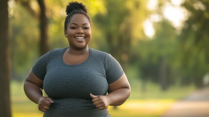 Joyful woman jogging outdoors in a peaceful park
