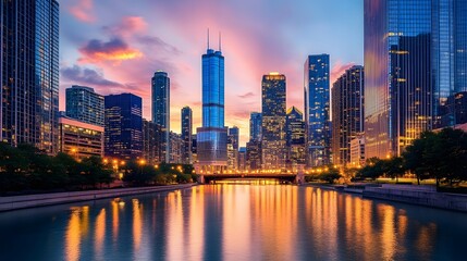 Fototapeta premium Chicago Skyline at Sunset with River Reflection and Bridge