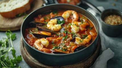A cozy kitchen scene with a saucepan filled with traditional seafood stew, showcasing the vibrant ingredients and rich sauce, creating a warm and inviting atmosphere for a home-cooked meal