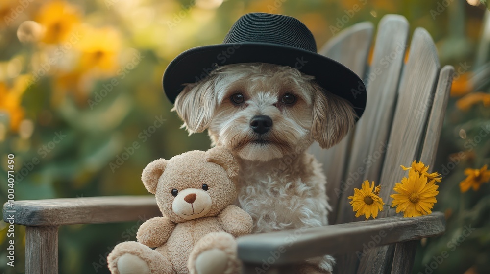 Wall mural small fluffy dog with teddy bear and black hat sitting